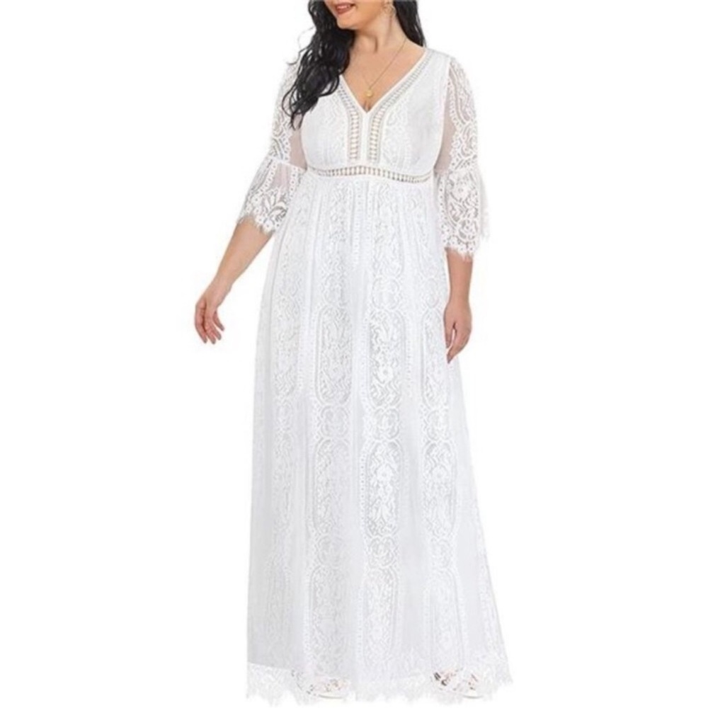 Women's Plus Size Boho Maxi Floral Lace Wedding Dress V Neck Flowy Long Dresses